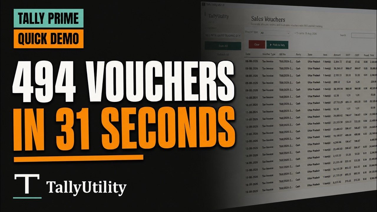 TallyUtility demo — 494 vouchers pushed into Tally Prime in 31 seconds