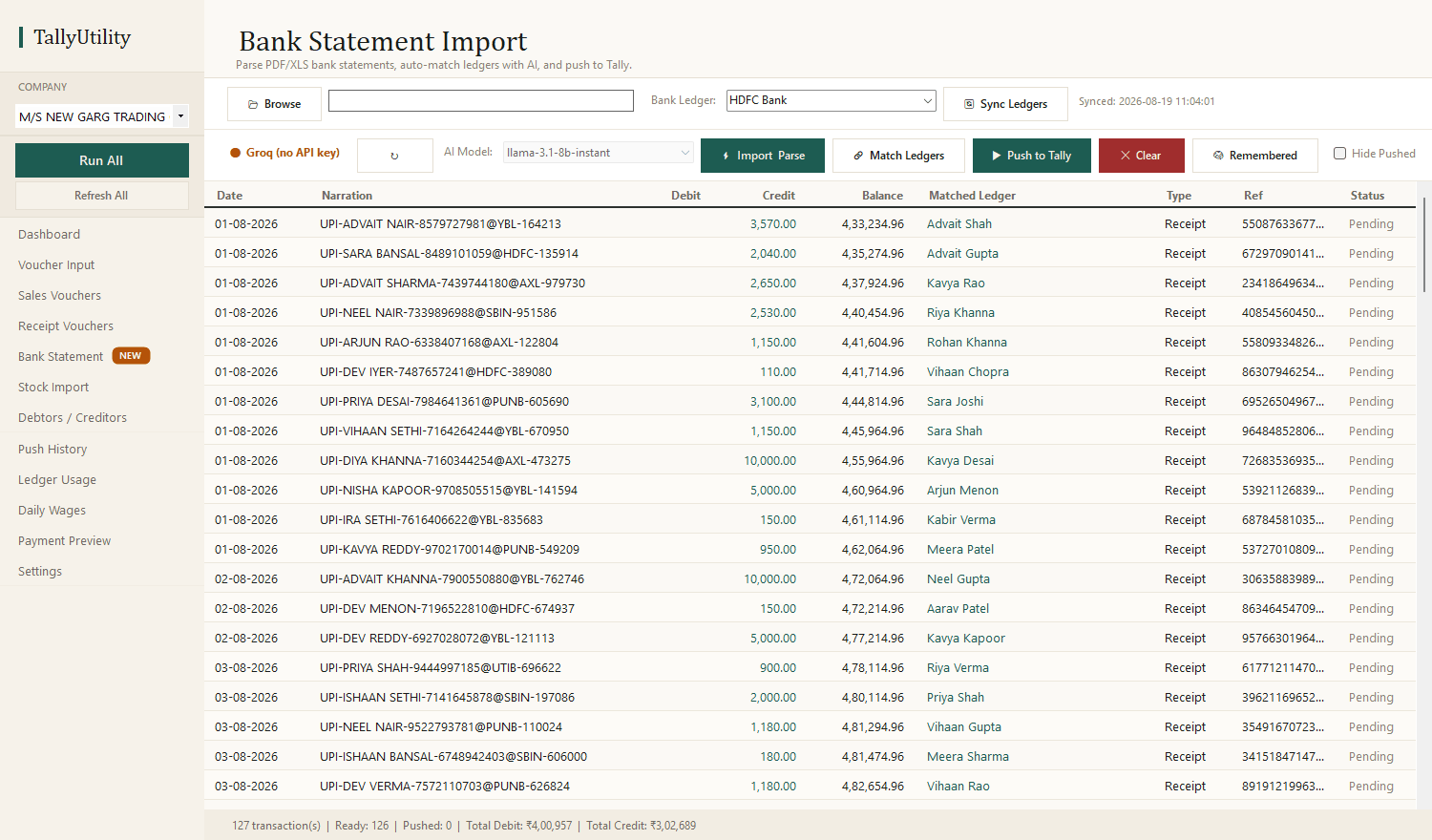 Bank Statement import in TallyUtility: 127 UPI lines read from an Excel statement, each one matched to a Tally ledger and ready to push.