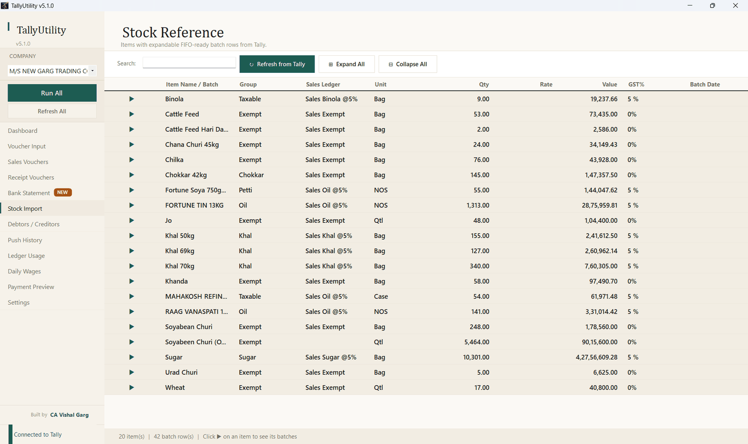 Stock Reference screen listing 20 items with 42 batch rows, each item expandable to show its FIFO-ready batches.